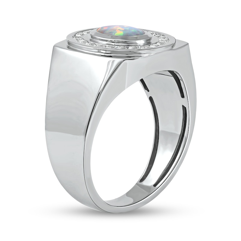 Men's Oval Lab-Created Opal and White Lab-Created Sapphire Frame Bold Shank Band in Sterling Silver|Peoples Jewellers