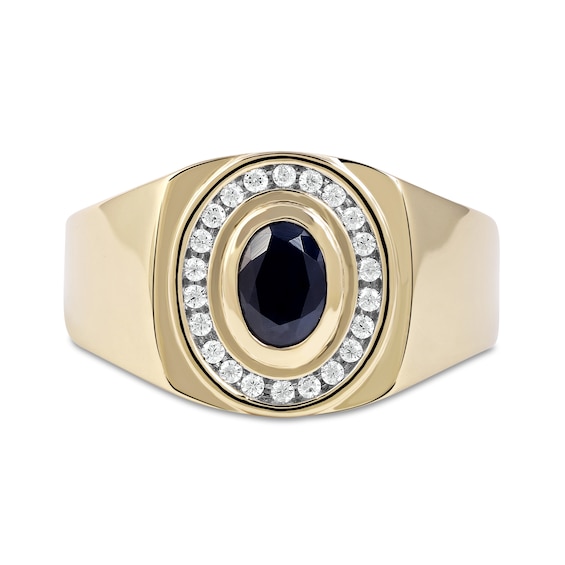 Men's Oval Blue Sapphire and 0.20 CT. T.W. Diamond Frame Bold Shank Band in 10K Gold