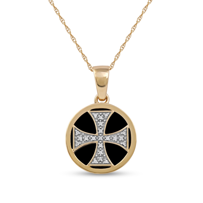 Main Image 1 of Men's 14.0mm Hematite and 0.05 CT. T.W. Diamond Flared Cross Overlay Disc Pendant in 10K Gold - 22&quot;