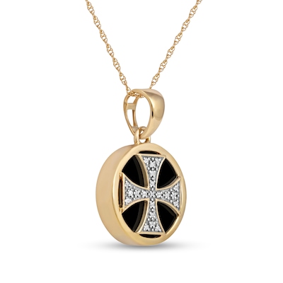 Men's 14.0mm Hematite and 0.05 CT. T.W. Diamond Flared Cross Overlay Disc Pendant in 10K Gold - 22"