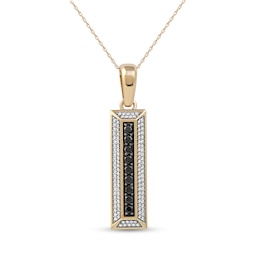 Men's Black Spinel and White Lab-Created Sapphire Frame Three-Dimensional Vertical Bar Pendant in 10K Gold – 22&quot;