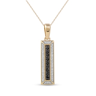 Men's Black Spinel and White Lab-Created Sapphire Frame Three-Dimensional Vertical Bar Pendant in 10K Gold – 22"