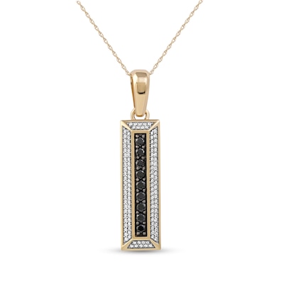 Men's Black Spinel and White Lab-Created Sapphire Frame Three-Dimensional Vertical Bar Pendant in 10K Gold – 22"