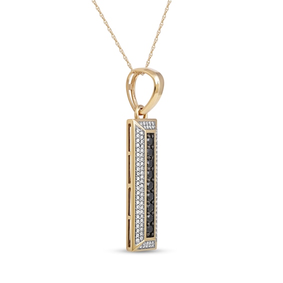 Men's Black Spinel and White Lab-Created Sapphire Frame Three-Dimensional Vertical Bar Pendant in 10K Gold – 22"