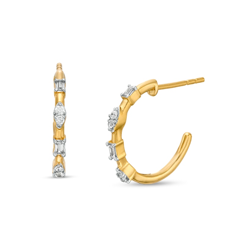 0.25 CT. T.W. Baguette and Marquise-Shaped Diamond Alternating J-Hoop Earrings in 10K Gold|Peoples Jewellers
