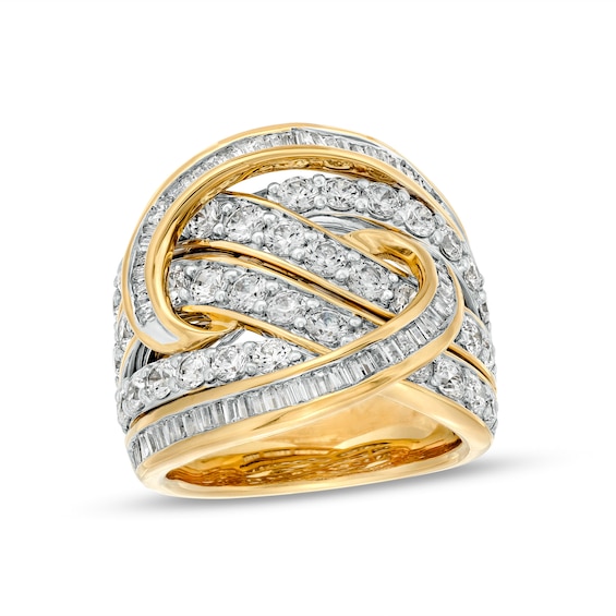 3.00 CT. T.W. Baguette and Round Diamond Multi-Row Crossover Ring in 10K Gold