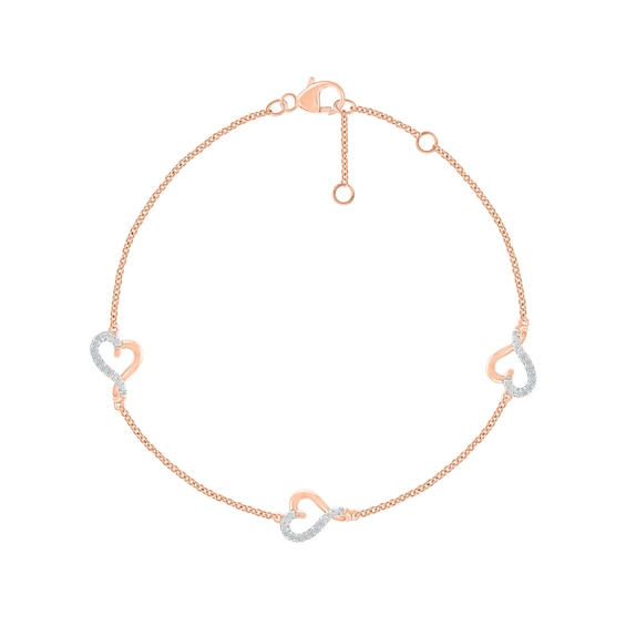 0.065 CT. T.W. Diamond Hearts Station Bracelet in Sterling Silver with 14K Rose Gold Plate - 7.5"