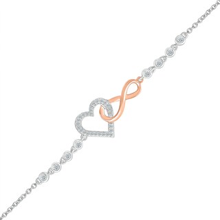 0.085 CT. T.W. Diamond Interlocking Infinity and Heart Bracelet in Sterling Silver and 10K Rose Gold - 7.5"