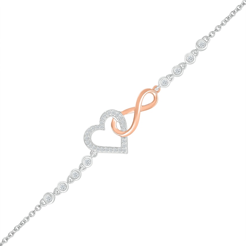 0.085 CT. T.W. Diamond Interlocking Infinity and Heart Bracelet in Sterling Silver and 10K Rose Gold - 7.5"