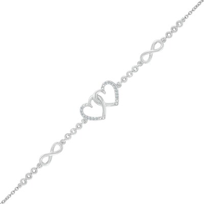 0.04 CT. T.W. Diamond Interlocking Hearts and Infinity Symbol Station Bracelet in Sterling Silver - 7.5"