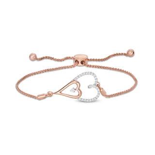 0.145 CT. T.W. Diamond Double Elongated Heart Bolo Bracelet in Sterling Silver with 14K Rose Gold Plate – 9.5"