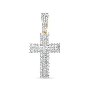 Men's 0.75 CT. T.W. Baguette and Round Diamond Border Cross Necklace Charm in 10K Gold