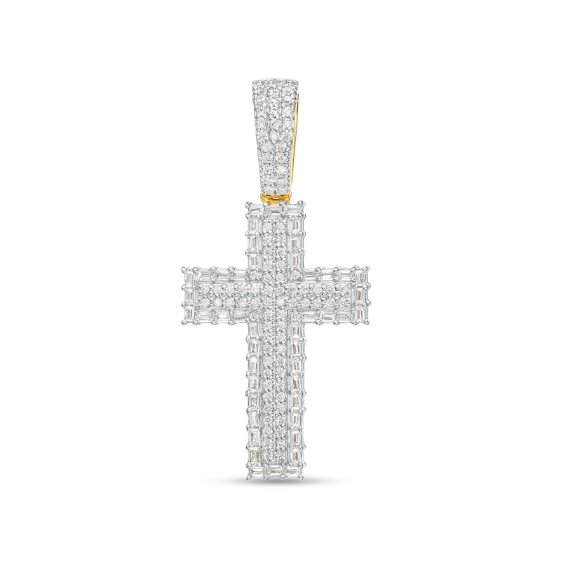 Men's 0.75 CT. T.W. Baguette and Round Diamond Border Cross Necklace Charm in 10K Gold|Peoples Jewellers
