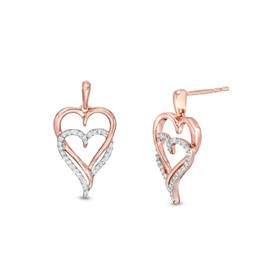 0.146 CT. T.W. Diamond Double Elongated Heart Entwined Drop Earrings in Sterling Silver with 14K Rose Gold Plate