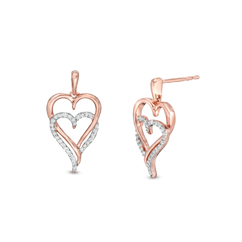 0.146 CT. T.W. Diamond Double Elongated Heart Entwined Drop Earrings in Sterling Silver with 14K Rose Gold Plate