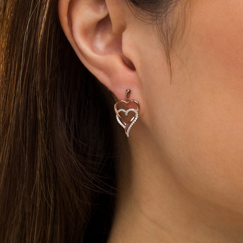 0.146 CT. T.W. Diamond Double Elongated Heart Entwined Drop Earrings in Sterling Silver with 14K Rose Gold Plate|Peoples Jewellers