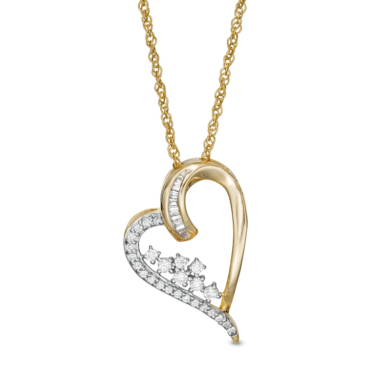 0.23 CT. T.W. Baguette and Round Diamond Tilted Scatter Heart Pendant in 10K Gold|Peoples Jewellers