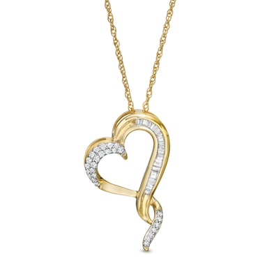 0.145 CT. T.W. Baguette and Round Diamond Twist Heart Pendant in 10K Gold