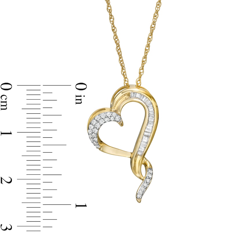 0.145 CT. T.W. Baguette and Round Diamond Twist Heart Pendant in 10K Gold|Peoples Jewellers