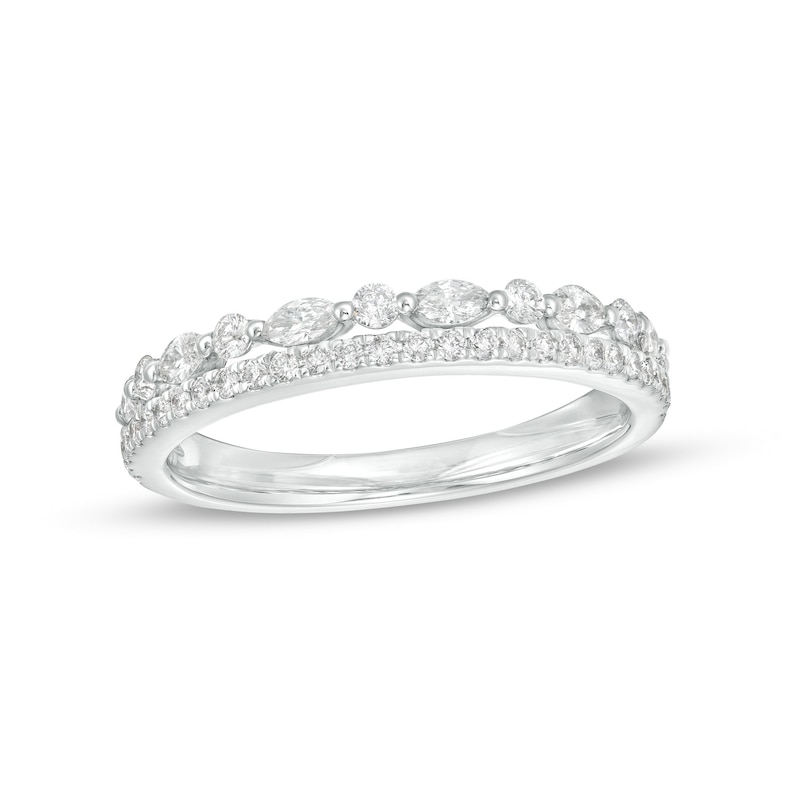 0.50 CT. T.W. Marquise and Round Diamond Edge Double Row Wedding Band in 14K White Gold|Peoples Jewellers