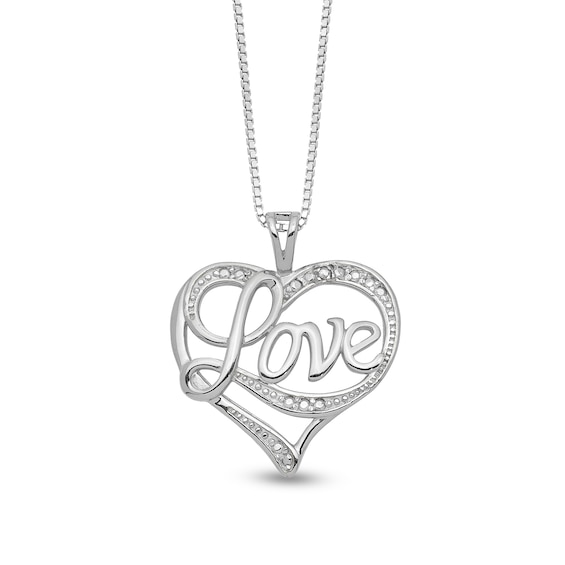 Diamond Accent Beaded Cursive "Love" with Ribbon Heart Pendant in Sterling Silver – 16"