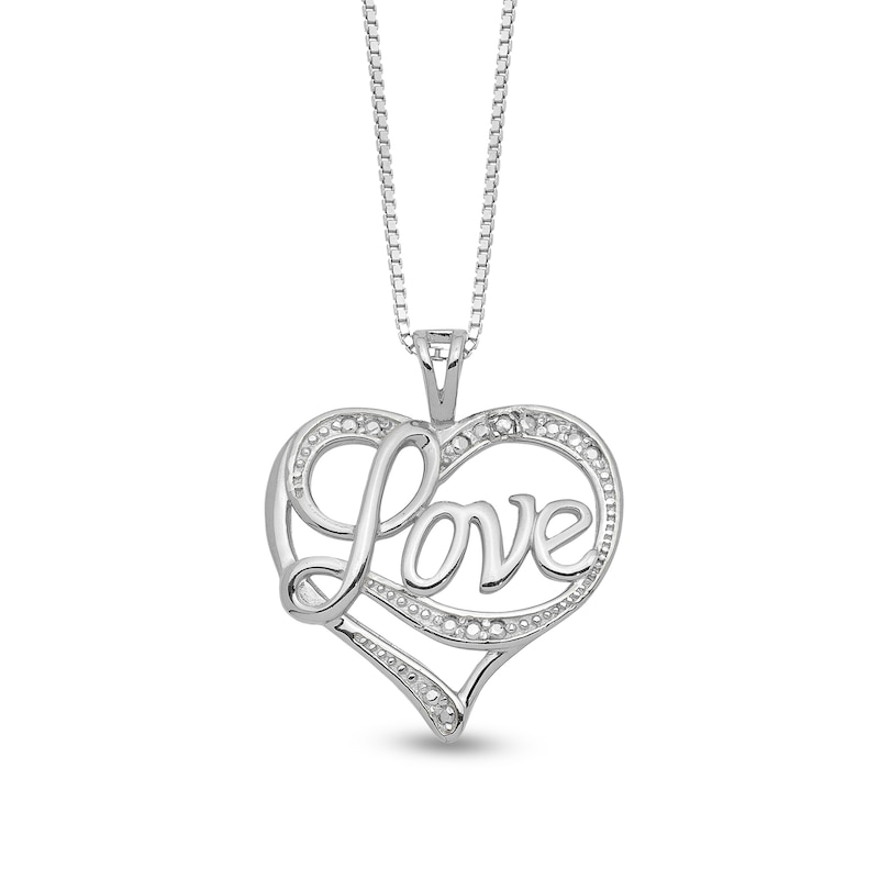 Diamond Accent Beaded Cursive "Love" with Ribbon Heart Pendant in Sterling Silver – 16"|Peoples Jewellers