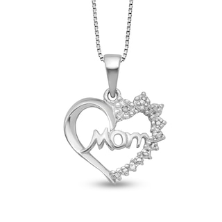 Diamond Accent Beaded Flower Cluster "Mom" Shadow Heart Pendant in Sterling Silver – 16"