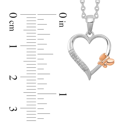 0.05 CT. T.W. Diamond Double Row with Offset Butterfly Heart Pendant in Sterling Silver and 14K Rose Gold