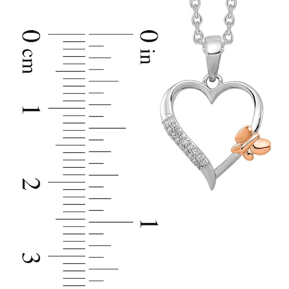 0.05 CT. T.W. Diamond Double Row with Offset Butterfly Heart Pendant in Sterling Silver and 14K Rose Gold