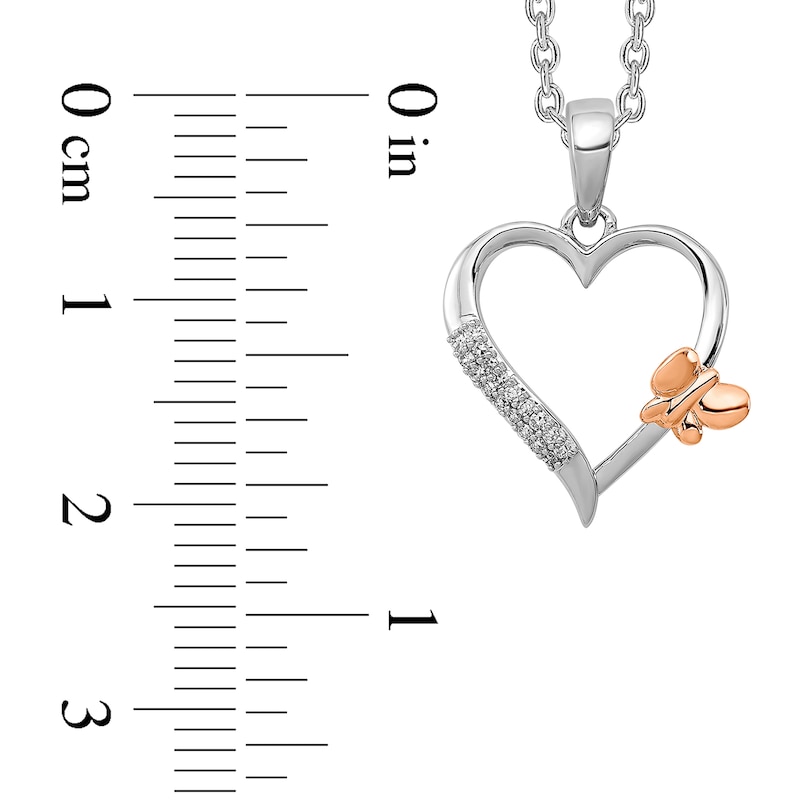 0.05 CT. T.W. Diamond Double Row with Offset Butterfly Heart Pendant in Sterling Silver and 14K Rose Gold