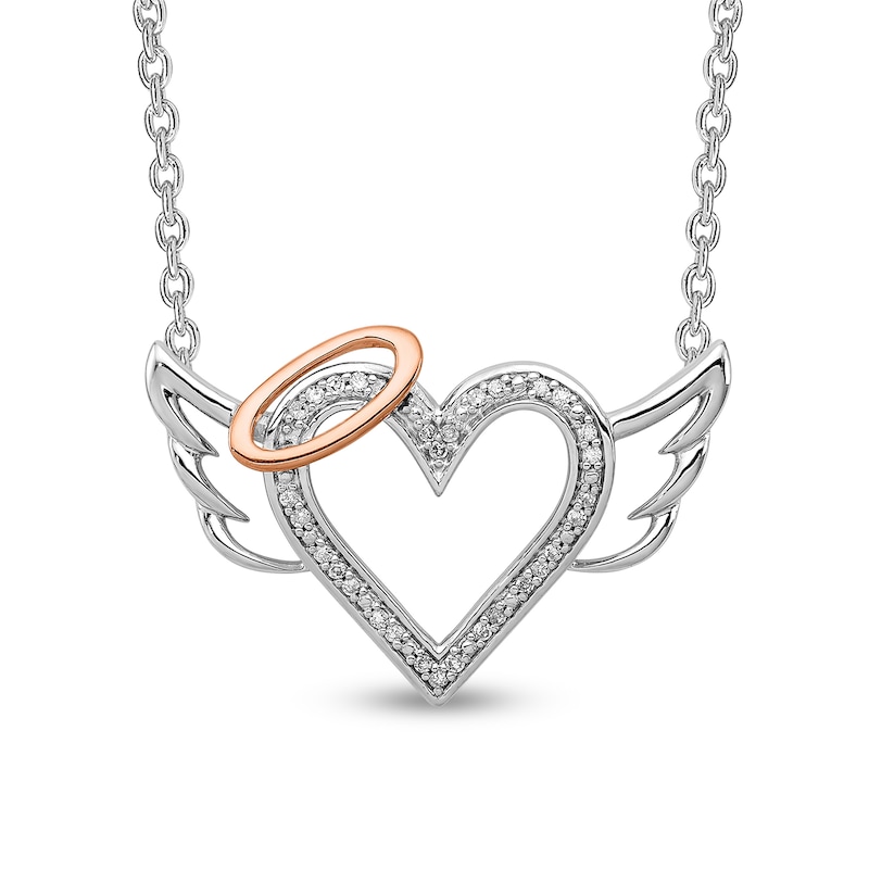 0.087 CT. T.W. Diamond Beaded Heart with Halo and Angel Wings Necklace in Sterling Silver and 10K Rose Gold|Peoples Jewellers