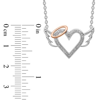 0.087 CT. T.W. Diamond Beaded Heart with Halo and Angel Wings Necklace in Sterling Silver and 10K Rose Gold