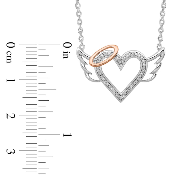 0.087 CT. T.W. Diamond Beaded Heart with Halo and Angel Wings Necklace in Sterling Silver and 10K Rose Gold