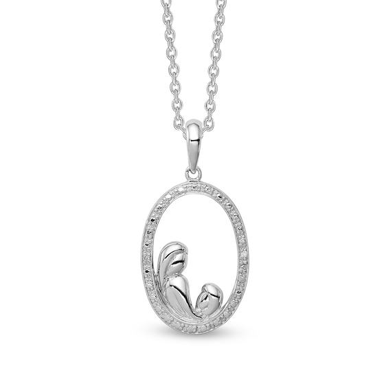 Diamond Accent Beaded Motherly Love Oval Pendant in Sterling Silver