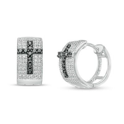 Men's 0.50 CT. T.W. Black Enhanced and White Diamond Cross Hoop Earrings in 10K White Gold