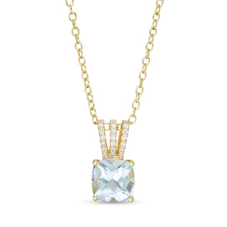 7.0mm Cushion-Cut Aquamarine and 0.04 CT. T.W. Diamond Triple Row Split Bail Pendant in 10K Gold