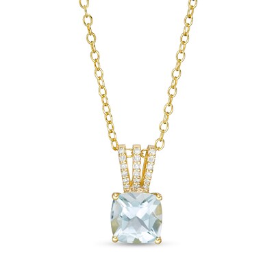 7.0mm Cushion-Cut Aquamarine and 0.04 CT. T.W. Diamond Triple Row Split Bail Pendant in 10K Gold