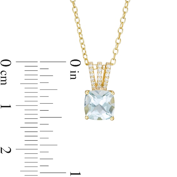 7.0mm Cushion-Cut Aquamarine and 0.04 CT. T.W. Diamond Triple Row Split Bail Pendant in 10K Gold