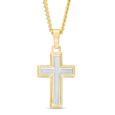 Men's 0.09 CT. T.W. Diamond Cross Pendant in Stainless Steel and Yellow Ion-Plate – 24"