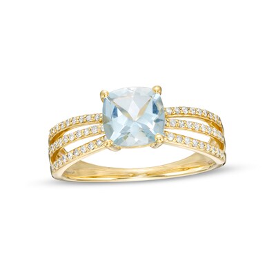 7.0mm Cushion-Cut Aquamarine and 0.18 CT. T.W. Diamond Triple Row Split Shank Ring in 10K Gold