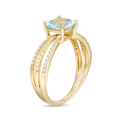 7.0mm Cushion-Cut Aquamarine and 0.18 CT. T.W. Diamond Triple Row Split Shank Ring in 10K Gold