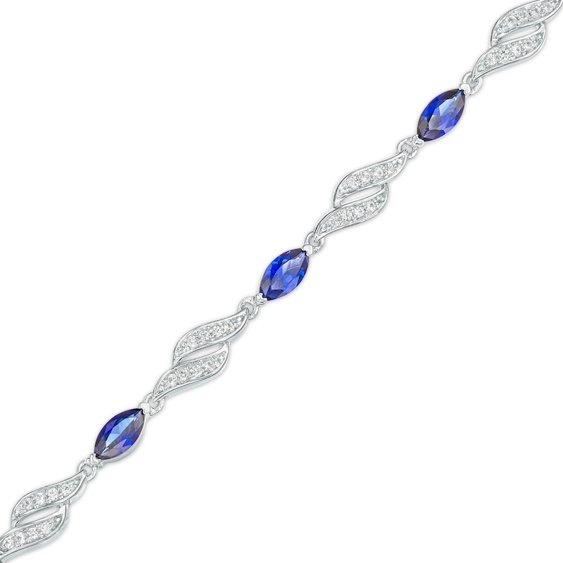 Marquise Blue and White Lab-Created Sapphire Flame Link Line Bracelet in Sterling Silver – 7.25"