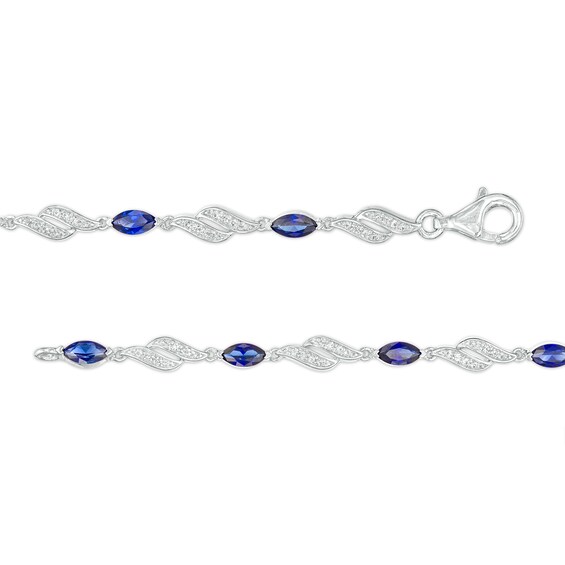 Marquise Blue and White Lab-Created Sapphire Flame Link Line Bracelet in Sterling Silver – 7.25"