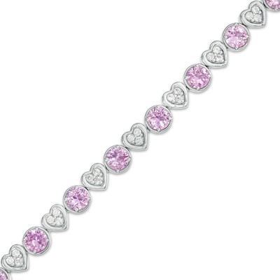 4.5mm Pink and White Lab-Created Sapphire Alternating Heart Line Bracelet in Sterling Silver – 7.25"