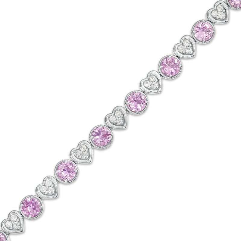4.5mm Pink and White Lab-Created Sapphire Alternating Heart Line Bracelet in Sterling Silver – 7.25"