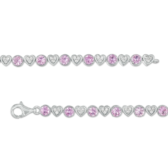 4.5mm Pink and White Lab-Created Sapphire Alternating Heart Line Bracelet in Sterling Silver – 7.25"