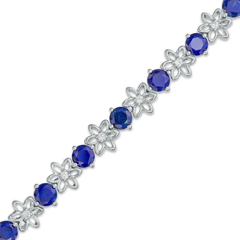 4.5mm Blue and White Lab-Created Sapphire Alternating Flower Line Bracelet in Sterling Silver – 7.5"