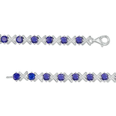 4.5mm Blue Lab-Created Sapphire and 0.14 CT. T.W. Diamond Alternating "XO" Line Bracelet in Sterling Silver – 7.5"