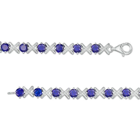 4.5mm Blue Lab-Created Sapphire and 0.14 CT. T.W. Diamond Alternating "XO" Line Bracelet in Sterling Silver – 7.5"