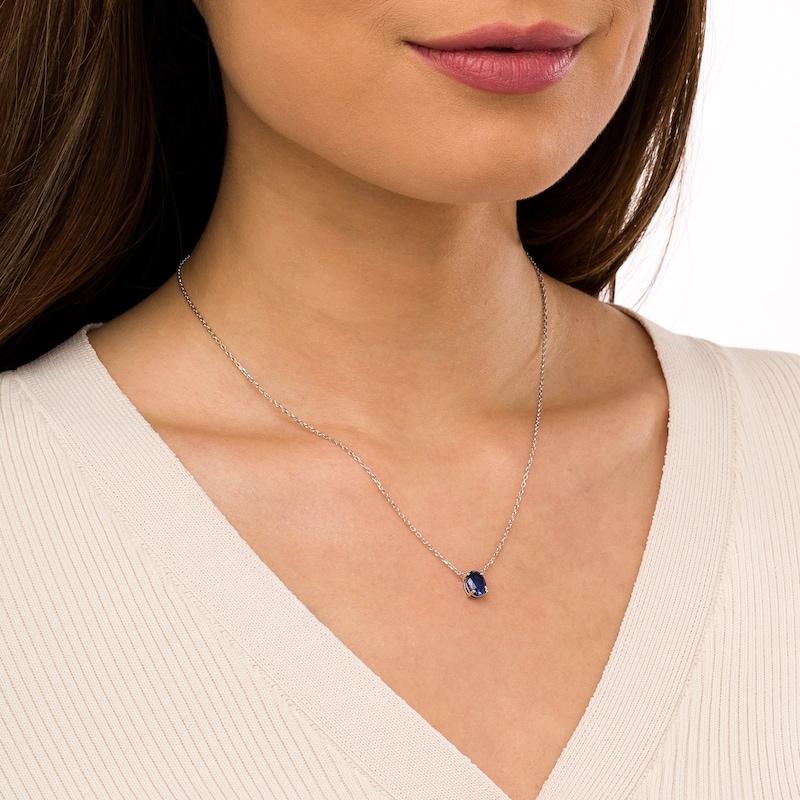 Oval Blue Lab-Created Sapphire Solitaire Necklace in 10K White Gold – 19"|Peoples Jewellers